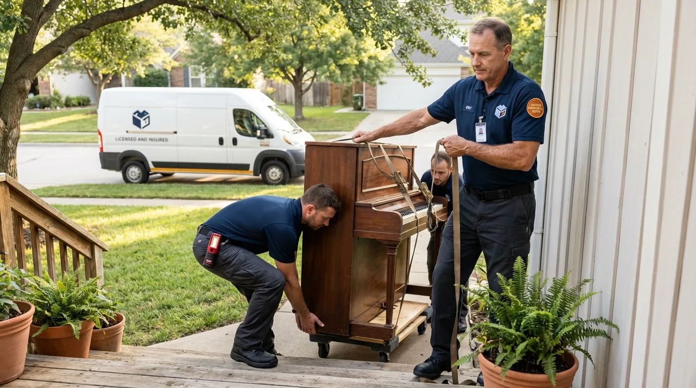 Licensed piano movers securing grand piano in Bartow, FL