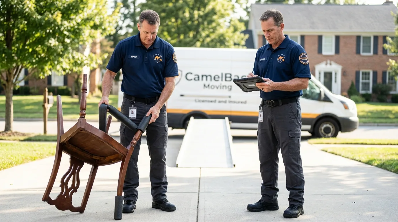 Movers inspecting furniture for damage prevention before loading in Bartow, FL